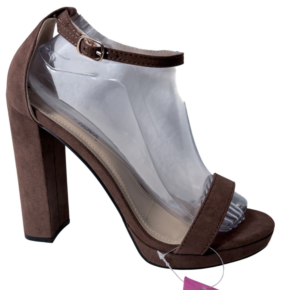 Fashion Nova Morrin Chocolate Brown Faux Suede Block Heel Sandal Wide Fit 9W
